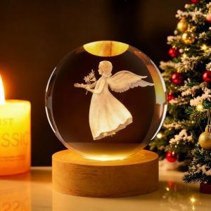 TaimeiMao Veilleuse Boule de Cristal 3D,Boule Cristal Lumineuse Ange,Lampe 3D avec LED Multicolore Base en Bois,Veilleuse - Cadeau - D&eacute;coration Fantaisie de Chambre (LUYUXUAN LIMITED, neuf)