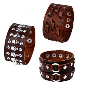 JewelryWe Lot de 3 Bracelets de Force Cuir Homme, Manchette Punk Gothique, T&ecirc;te de Mort avec Rivet et Bouton, Large Rock, Cadeau, Brun (JewelryWe Bijoux, neuf)