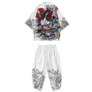 DOSLAVIDA Ensemble de veste kimono japonaise pour hommes, veste &eacute;l&eacute;gante ouverte sur le devant avec short, cardigan imprim&eacute; de style chinois, XX-Large (jinzhongweixishangm, neuf)