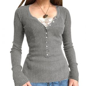 Chemisier style tunique &agrave; manches longues pour femmes, style d&eacute;contract&eacute;, avec boutons, c&ocirc;tel&eacute;, ajust&eacute;, Y2K, en dentelle, patchwork, Gris #5, S (Harri me, neuf)