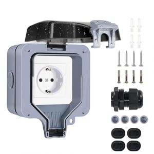 Prise extérieure étanche, prise résistante aux intempéries IP66 avec montage en surface, prise murale extérieure 16A avec couvercle articulé, prise de jardin à 1 compartiments pour pièces humides (Molczov Direct, neuf)