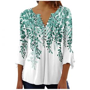 Susenstone Chemisier Femme Chic &Eacute;l&eacute;gant Manches 3/4 Tshirt Imprim&eacute; Pliss&eacute; Henley Tshirt Col V Blouse Mousseline de Soie Boheme Haut Manche Courte Tunique &Eacute;t&eacute; Plage Travail Tunique Top 03# Vert XXL (⭐⭐⭐⭐⭐Susenstone, neuf)