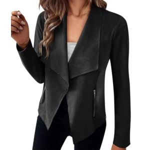 ORANDESIGNE Blousons Femme Crop Veste en Daim Slim Manteau avec Poches Zipp&eacute; L&eacute;ger Casual Manche Longue Col Revers Veste de Motard Manteau Courte Veste Suedine Printemps Automne A Noir M (ORANNER EU, neuf)