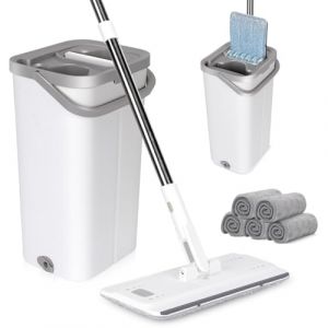 MASTERTOP Serpillière Seau Essoreur, Balai Plat Microfibre Rotative 360° et Seau Essoreur Auto-Lavage, Vadrouille de Mains Libre pour Nettoyage de Sol Lisse avec 5 Tampons Réutilisables (Blanc) (MASTERTOP, neuf)