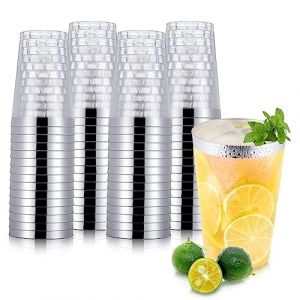 Hejo 60 PCS Verres en Plastique Bord&eacute;s d' Argent&eacute;, Gobelet Reutilisable 360 ml-12oz, Verres &agrave; Vin en Plastique R&eacute;utilisables pour les Cocktails, le Champagne, la Bi&egrave;re, le Martini (JIAOYANGMAOYI, neuf)
