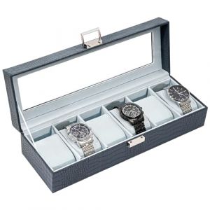 ProCase Bo&icirc;te &agrave; montres &agrave; 6 compartiments avec couvercle en verre - Bo&icirc;te &agrave; montres avec coussin de montre - Bo&icirc;te de rangement de qualit&eacute; sup&eacute;rieure - En cuir synth&eacute;tique - 6 compartiments - Bleu (ChangBo Store, neuf)