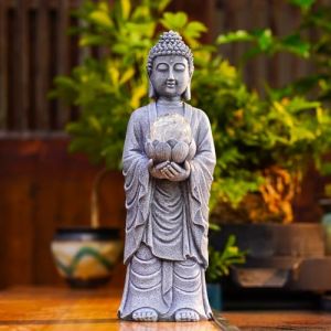 Yeomoo Figurine de Bouddha solaire - Hauteur : 36 cm - Avec LED et aspect craquel&eacute; - Grande d&eacute;coration zen spirituelle pour jardin, terrasse et salon - Cadeau pour femmes, maman et homme (m&eacute;ditation (Yeomoo, neuf)