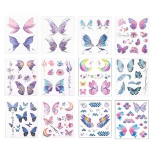 Tatouage Temporaire, 12 Feuilles Halloween Ephemere Temporaires Paillettes Visage Tatouages Ephemere Paillettes pour Femmes Filles Papillon Fleurs Visage Corps Brillant Faux Temporaire Tatouages (DUJUANHONG, neuf)