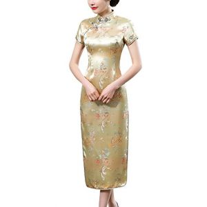 Laogudai Femme Robe Rétro Longue à Manche Courte Robe Cheongsam Qipao pour Soirée Cocktail Cérémonie Robe Traditionnelle Chinoise Col Montant 40 Doré (FUOUEU(livraison sous 5-12 jours), neuf)