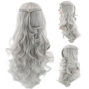 GHK 70cm Game of Thrones Daenerys Targaryen Tressage Perruque Cosplay Halloween Costume Argent Gris Blonde Longue Ondulée Perruques Pour Femmes argent gris (good stuff A, neuf)