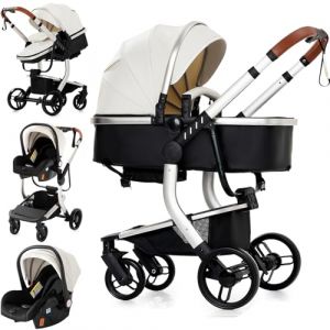 Reenborn Cuir PU Poussette 3 en 1, Poussette Bebe avec Réversible Deux Façons de Pousser, Pousette avec Cadre Aluminium Haute Paysage, Pousette 3 en 1 avec Conception Pliable en Un Clic (518 White) (huangzhongguig, neuf)