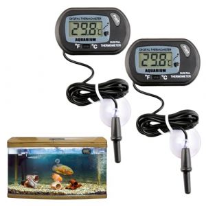 Lot de 2 thermomètre aquarium numériques LCD avec ventouse et sonde, plage de mesure de -50 °C à +70 °C, convient pour incubateur de reptiles, aquarium, serre, avec piles LR44 incluses (Hugfads, neuf)