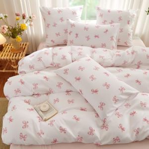 Freyamy Housse de Couette 200x200+2 Taie d'oreiller 65x65cm Blanc Rose Noeud Papillon Parure de lit 2 Personnes Adulte Fleurs Sets de Housse Couette en Microfibre avec Fermeture Éclair (Mitchell'SZ, neuf)