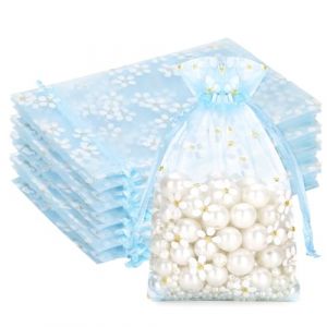 G2PLUS Sachet Organza Bleu aux Marguerites: Pochette Organza 10x15 cm, 30 Pi&egrave;ces Sac &agrave; Bijoux Id&eacute;aux pour les Drag&eacute;es, Mariages, Bapt&ecirc;me et Anniversaires (BIGGER, neuf)