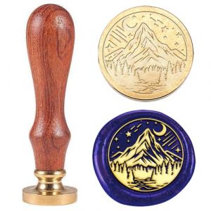 Hobbspring Mountain Tampon de cire pour sceau avec enveloppes interchangeables pour DIY, t&ecirc;te en laiton, manche en bois, motif arbre de pin, lune, &eacute;toile, pour invitation &agrave; anniversaire, carte de vin (FSLIXIANG US, neuf)