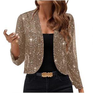 NZYIHAO Cardigan &agrave; paillettes pour femme - Court - Ouvert - Manches longues - Bol&eacute;ro fin et &eacute;l&eacute;gant - Sans boutons - Veste bol&eacute;ro en maille fine - Veste de transition, kaki, XL (JCRZZ, neuf)