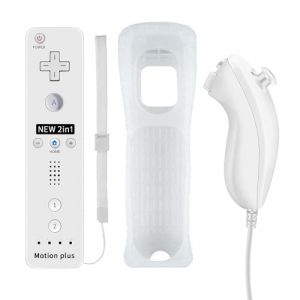 QUMOX 2 en 1 Manette pour Wii, Manette Nunchuck, Contrôleur Télécommande, Console Remplacement, Built in Motion Plus, avec Etui de Protection en Silicone pour Wii et Wii U Blanc (SHOWYAN LIMITED, neuf)