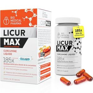 Curcumine Micellaire – Biodisponibilité 185x plus élevée – NovaSOL Liquid Curcumin – 1 gélule végétalienne par jour – équivaut à 6 600 mg d'extrait de curcuma – Licur Max (30 Capsules) (Bio Medical Pharma, neuf)