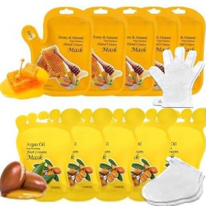 Lot de 10 masques hydratants pour les mains, 5 paires de gants au miel et amande et 5 paires de chaussettes à l'huile d'argan, masques hydratants, réparateurs, nourrissants en profondeur, masque (Elitzia beauty, neuf)