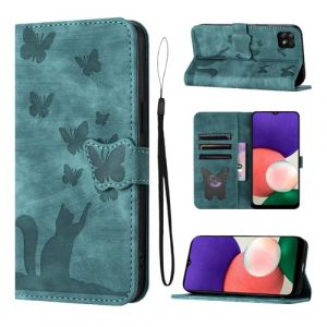 LSPCASA Housse Protection pour Samsung Galaxy A22 5G / Samsung Galaxy A22S Mat&eacute;riau en Cuir PU Coque Samsung A22 5G avec Fentes pour Cartes &Eacute;tui Motif Papillon Chat Vert (SINGGEADA, neuf)
