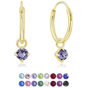 DTPsilver&reg; Boucles d'oreilles PETITES Cr&eacute;oles en Argent Fin 925 Plaqu&eacute; Or Jaune avec petit Pendentif 3 mm Cristaux de Swarovski&reg; Elements Ronds - Diam&egrave;tre: 14 mm - Couleur: Tanzanite (DTPSilver, neuf)