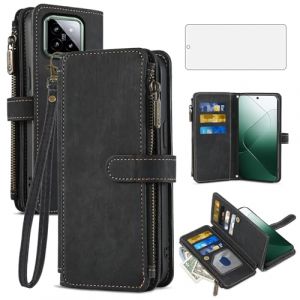 Asuwish Coque pour Xiaomi 14 5G Portefeuille avec Verre Tremp&eacute; et Porte Carte Chaine PU Cuir &agrave; Clapet &Eacute;tui Housse Support Mi 14 T&eacute;l&eacute;phone Vitre Protection Protege Ecran Etui Case Femme Homme Noir (Asuwish FC UK Store, neuf)