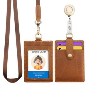 Wonderpool Porte-badge d'identification en cuir avec cordon de cou amovible et bobine de badge rétractable pour bureau école hôpital exposition (Marron) (Wonderpool eu, neuf)