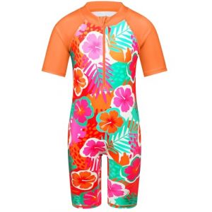 HUAANIUE Filles Maillot de Bain 1 Pi&egrave;ce 2-12 Ans, Anti-UV UPF 50+ Manches Courtes, Fermeture &Eacute;clair Frontale, Imprim&eacute;s Color&eacute;s, Id&eacute;al pour Plage et Piscine (S234-Fleur Orange, 5-6 Ans) (HUANQIU EUR STORE, neuf)