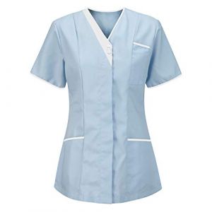 Tunique M&eacute;Dicale Femme Col en V Manche Courte Blouse Infirmiere Uniforme De Travail Haut Et Pantalon Tenue Aide Soignante Professionnelle Esth&eacute;Ticienne V&ecirc;Tement Lavables Durables Ensemble (HAOLEI  FR, neuf)