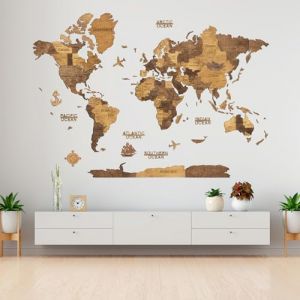 Creatifwood Carte du monde en bois 3D pour d&eacute;coration murale - Mappemonde en Bois - Art mural - Pour salon, bureau ou chambre (Chocolate, 200L x 140l cm, Sans cadre) (HARMANDI CreatifWood, neuf)