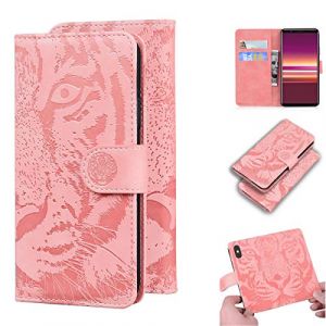 LMFULM&reg; &Eacute;tui pour Sony Xperia 5 J8210, J8270, J9210 (6,1 Pouces) PU Magn&eacute;tique Pochette Cuir Housse Tigre Impression Rabattable Case Stent Fonction Rose (LMAZWUFULM, neuf)