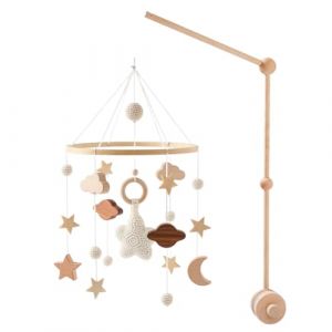 Mobile Bébé Bois, Mobile Lit Bébé Support Mobile pour Lit Bébé Cloche à Vent Étoile en Bois Support Mobile Bébé Bois Carillon Éolien Bébé Suspendu Mobile Cadeau pour Bébé Fille Ou Garçon (Haptre, neuf)