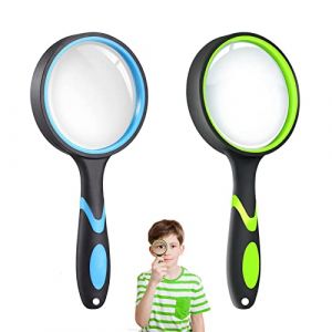 Loupe Enfant avec Poignée en Caoutchouc Souple,Loupes 75 mm,Loupe de Lecture 10X,Antidérapante Loupe,pour Livres,Cartes Et L'observation des Insectes(1 Bleu Noir,1 Noir Vert) (YangDNSWEH, neuf)