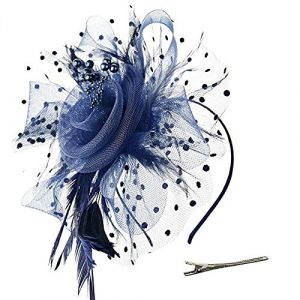 Chapeau bibi pour femme - Fleurs en maille - Plumes - Bandeau de f&ecirc;te de th&eacute; - Accessoire de v&ecirc;tements formels - Pour carnaval, f&ecirc;te, &eacute;glise, mariage - Bleu marine - Taille unique (jksmyx, neuf)