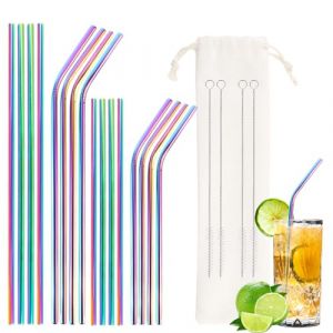 Lot de 16 pailles en acier inoxydable, pailles à thé à bulles, tubes fins, réutilisables et lavables, pailles en métal avec 4 brosses de nettoyage et 1 sac pour cocktail, smoothie (Shanchendz, neuf)