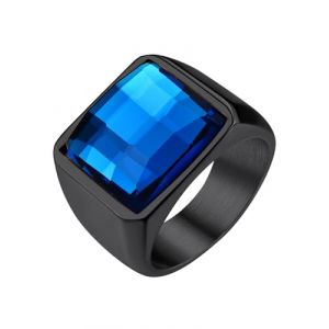 Bague Homme Chevaliere Noir Plaque 62 Acier Grande Pierre Bleu 15 * 15 mm Petit Anneau Zircon Inoxydable Bagues Garcon Zirconium Bijoux Index Annulaire Auricualire (GoldChic Jewelry Store, neuf)