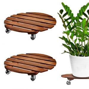 Puedno Lot de 2 supports de plantes en bois de 30 cm avec roulettes, support rond à roulettes verrouillables en métal, chariot de pot de fleurs en bois robuste (Knight love, neuf)
