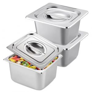 Lot De 3 Bac Inox Alimentaire, Plat Inox Avec Couvercle, GN 1/6 récipient, Bac Rectangulaire Inox, Bac Gastro Inox, Poêle À Vapeur Empilable Pour Escalopes, Viande, Poisson, Côtelettes(17.5*16.5*10cm) (TRUST AND BU, neuf)
