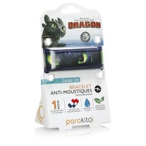 PARAKITO - Bracelet Anti-Moustiques R&eacute;utilisable - 2 Plaquettes Incluses aux Huiles Essentielles - 1 Mois de Protection - Sans DEET - Taille Junior 3+ (Dragons Krokmou) (LABOTC, neuf)
