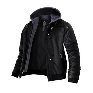 Wantdo Homme Blouson Cuir Veste mi Saison Cuir Veste Hiver Simili Cuir Veste Capuche Noir(mince)-N Xxl (C'est la vie, neuf)