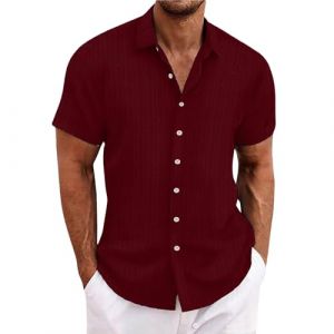 Chemise en lin pour homme - Manches courtes - Chemise en lin - Chemise de loisirs - Coupe droite - Chemise d'été avec col montant - Décontractée - Coupe droite - Chemise rayée, Bordeaux, XL (runBel, neuf)