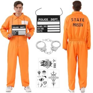 LOEPENLE Ensemble de costume de prisonnier pour homme, combinaison orange avec kit d'accessoires de prison, déguisement de détenu pour Halloween, carnaval, cosplay (Greenna, neuf)