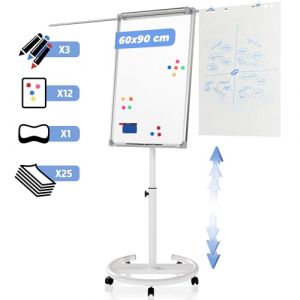 Jago® Chevalet de Conférence - sur Roulettes, Réglable en Hauteur, 60 x 90 cm, 2 Bras Extensibles, Magnétique, Effaçable, Incluant Aimants, Papiers, Éponge - Paperboard, Tableau Magnétique Blanc (ff_europe, neuf)