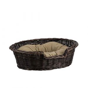 e-wicker24 Alles aus Weide Corbeille,Panier,Niche,Ovale pour Chien ou Chat en Osier Brun-Gris doublée avec Joli Coussin Beige (S) (e-wicker24, neuf)