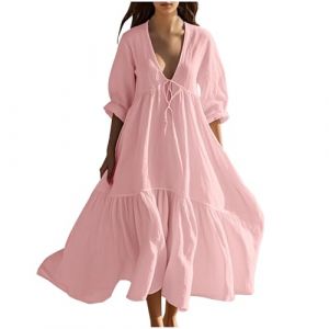 Femme Robe Boheme Chic Coton Lin Manches Longues/Manches Courtes Robe Col V Elegant Robes Swing D'éTé Plage DéContracté Maxi Robes Grande Taille Couleur Unie BohèMe Mi-Longue Dress (HAOLEI  FR, neuf)