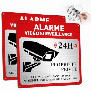 ZIENZENGYA 2 Pi&egrave;ces Alarme Vid&eacute;o Surveillance en Aluminium, 15x15cm Panneau Propri&eacute;t&eacute; Priv&eacute;e Panneau Camera Surveillance, Autocollant Alarme Maison Adh&eacute;sif & Forage pr&eacute;alable (ZIENZENG-EU, neuf)