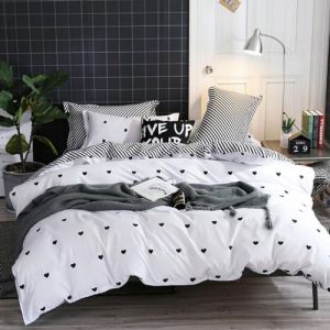 Freyamy Housse de Couette 140x200cm+1 Taie d'oreiller 65x65cm Coeur Imprimé Blanc Noir Parure de lit Motif du Cœur Ado Adulte Filles Sets de Housse Couette en Microfibre avec Fermeture Éclairs (Mitchell'SZ, neuf)