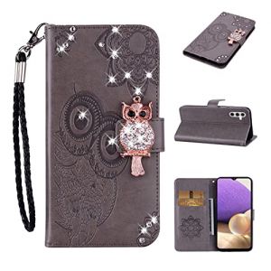 LEMAXELERS Coque Samsung A17 Housse Cuir Etui avec Silicone Souple Portefeuille Gaufrage Paillette Diamant Hibou Antichoc Flip Wallet Coque de Protection Etui pour Galaxy A17,YK Owl Gray (LEMAXELERS, neuf)