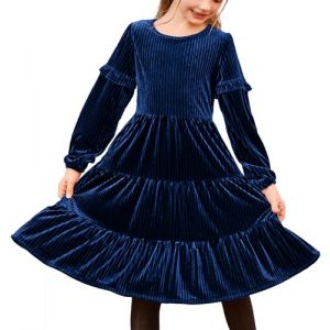 Arshiner Robe en Velours pour Fille Elagant Bleu Robe pour Enfants Robe de soir&eacute;e &agrave; Manches Longues Col Rond Robe d'hiver Robe d&eacute;contract&eacute;e Robe d'automne de Princesse avec Poche Taille 8-9 Ans (Arshiner Store, neuf)