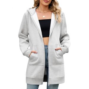 Yuson Girl Sweat &agrave; Capuche Femme Longue Sweatshirt Zipp&eacute; Polaire Veste en Coton D&eacute;contract&eacute; Sport Manches Longues Sweat-Shirt Mi Saison Coupe-Vent Gilet Long Oversize avec Poches(Gris Clair, L) (YusonGirl, neuf)